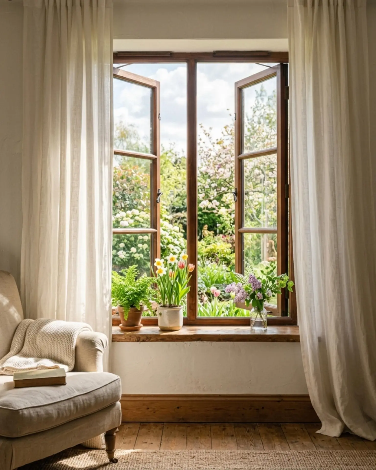Janela aberta com flores e vista para um jardim sereno