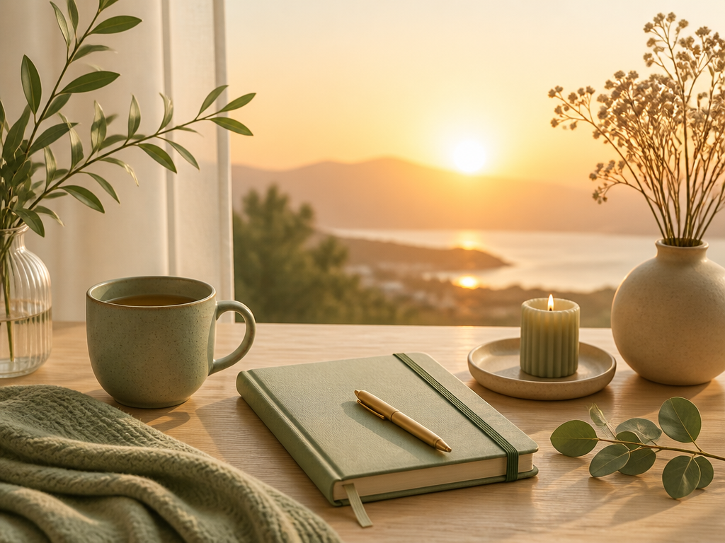 Mesa serena ao amanhecer com uma xícara, caderno e vela, representando um ritual matinal calmo